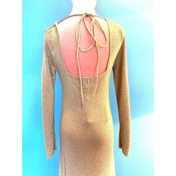 NWT MISA Los Angeles Beige Gold Metallic Midi Cut Out Waist Sweater Knit Dress M - Picture 6 of 7